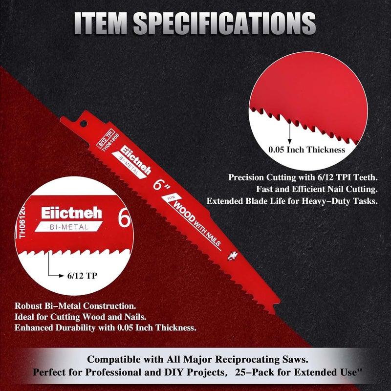Eiictneh 25 Pack 6 Inch 6/12 TPI Stud and Nail Bi-Metal Reciprocating Sawzall Blades – Ideal for Cutting Nail-Embedded Wood, Metal, PVC, and More – Universal Fit with Storage Case - Image 2